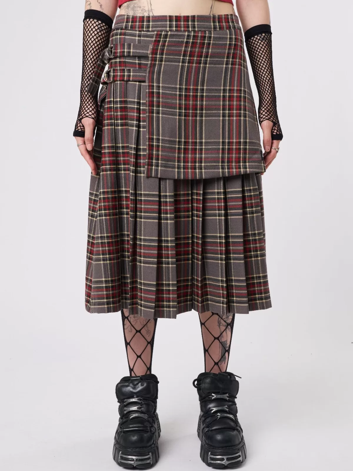 Fashion Minga London Laurie Pleated Tartan Midi Skirt Red