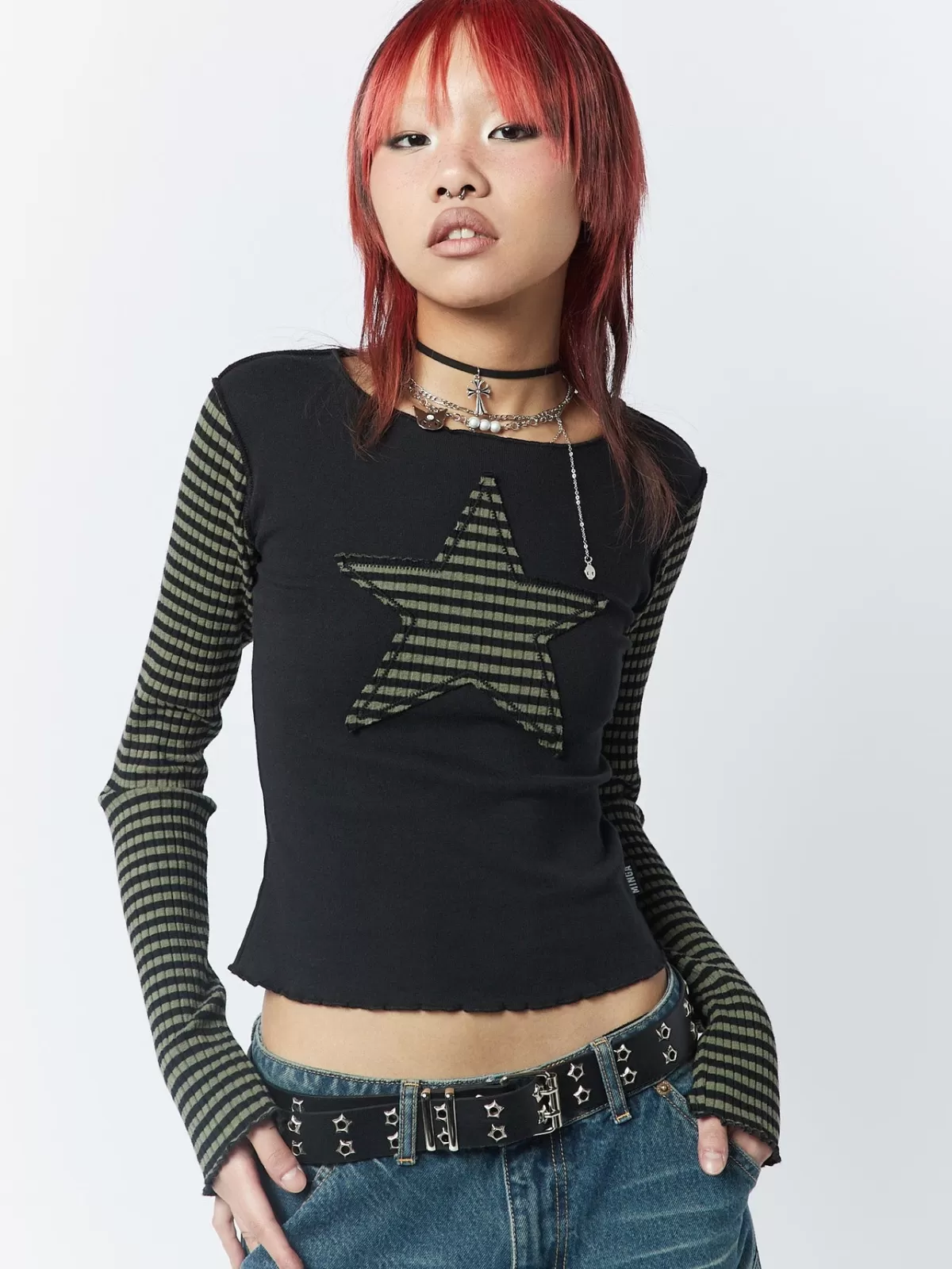 Shop Minga London Lost Star Black Striped Long Sleeve Top Green