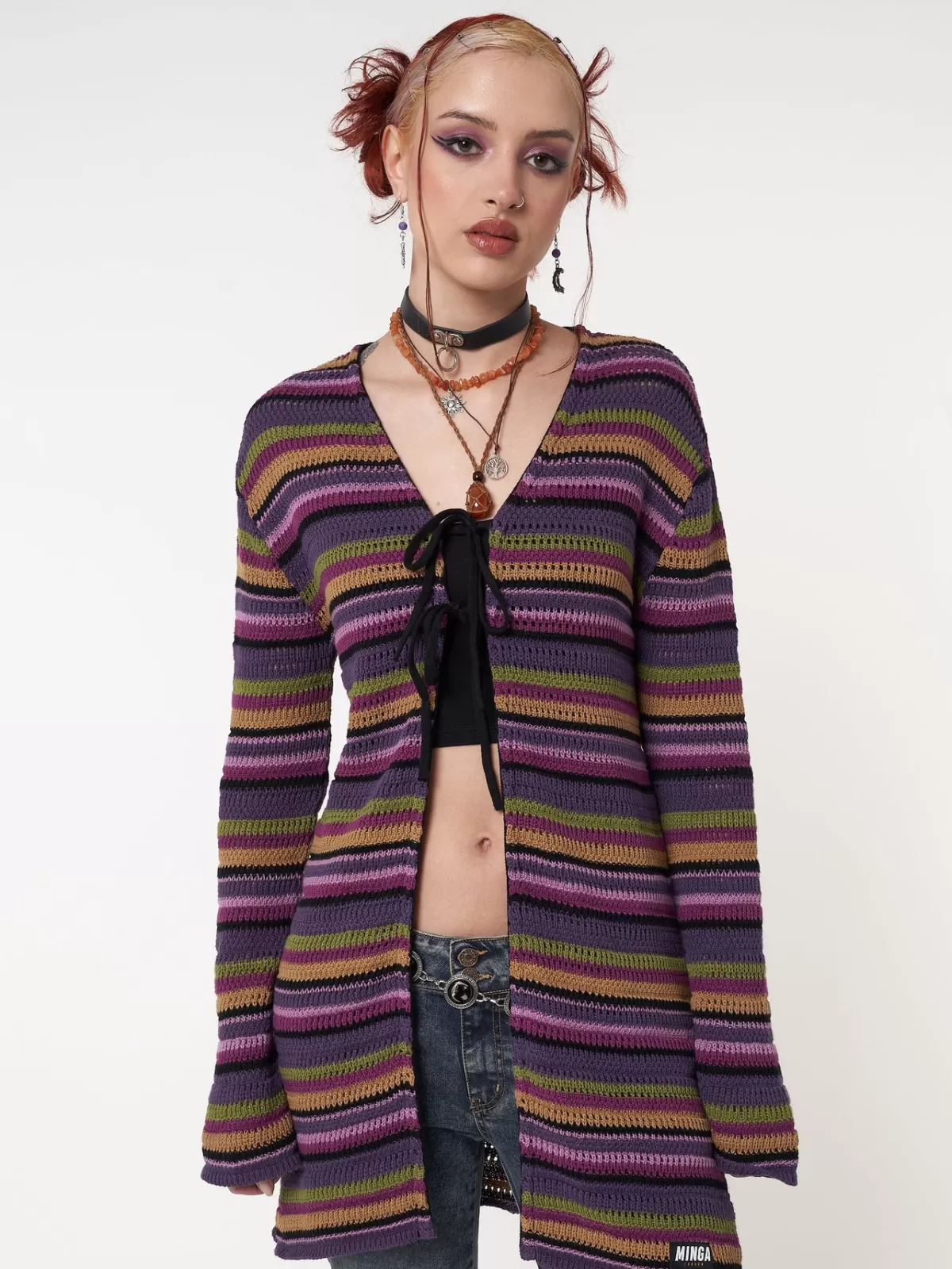 Fashion Minga London Luna Striped Tie Front Knit Cardigan Multi