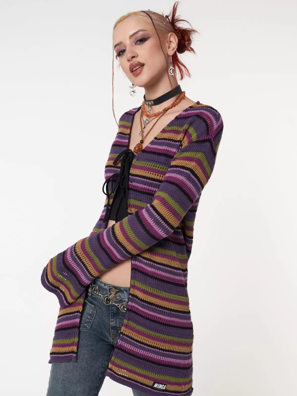 Fashion Minga London Luna Striped Tie Front Knit Cardigan Multi