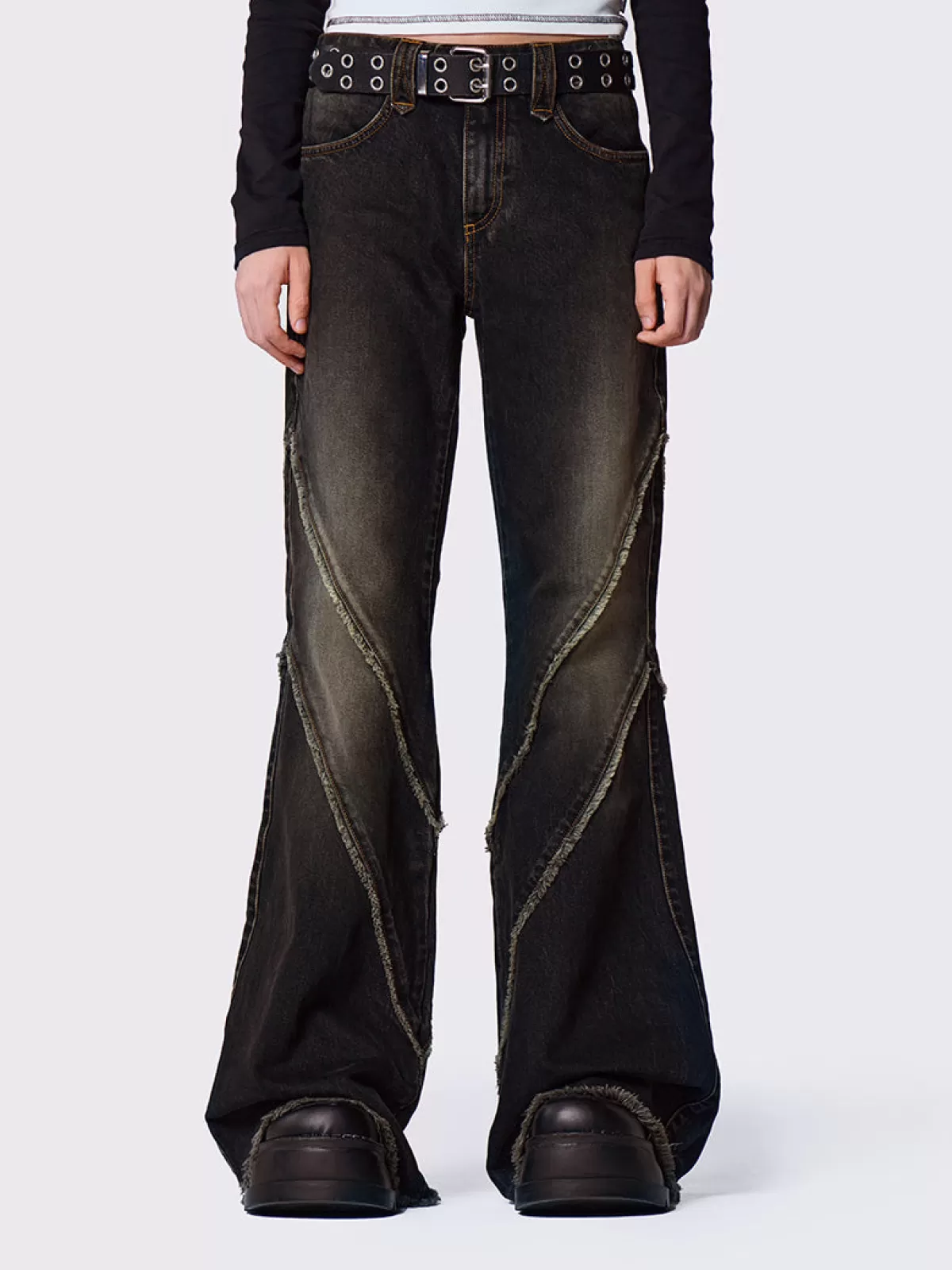 Hot Minga London Marla Distressed Flare Jeans Black