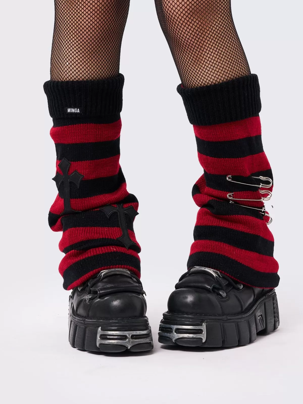 Hot Minga London Mica Cross & Safety Pin Striped Leg Warmers Red