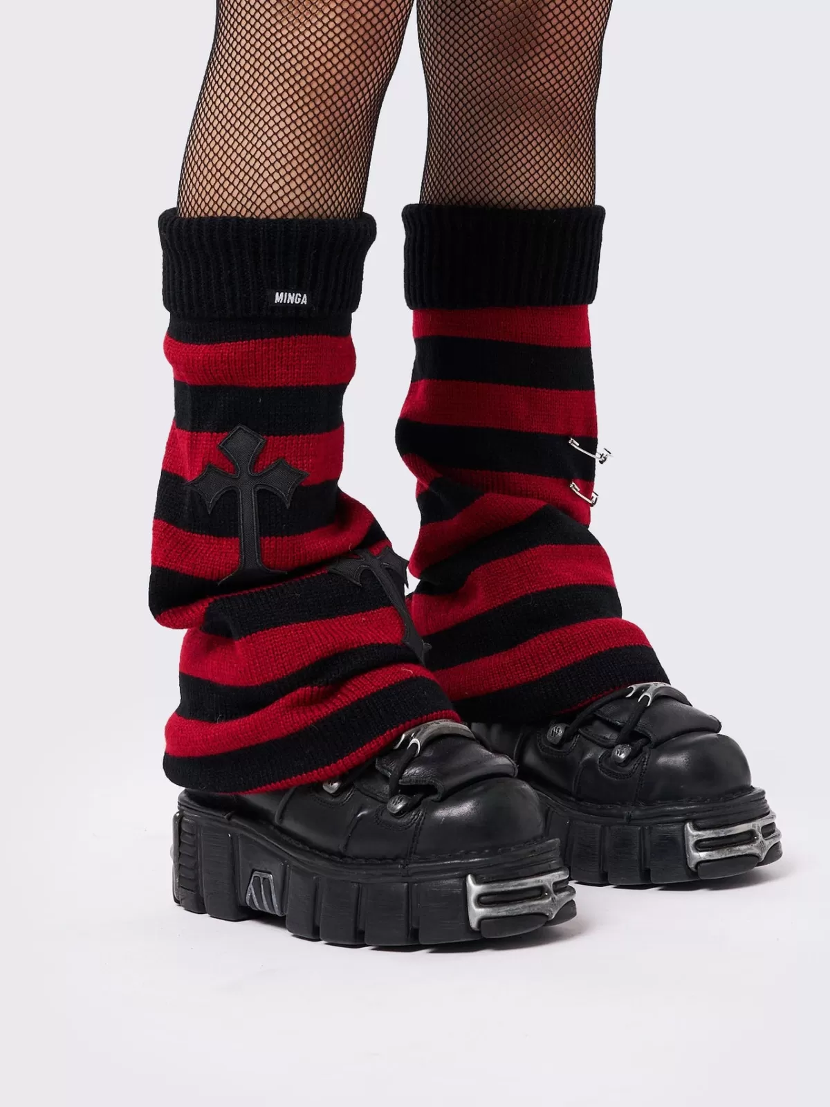 Hot Minga London Mica Cross & Safety Pin Striped Leg Warmers Red