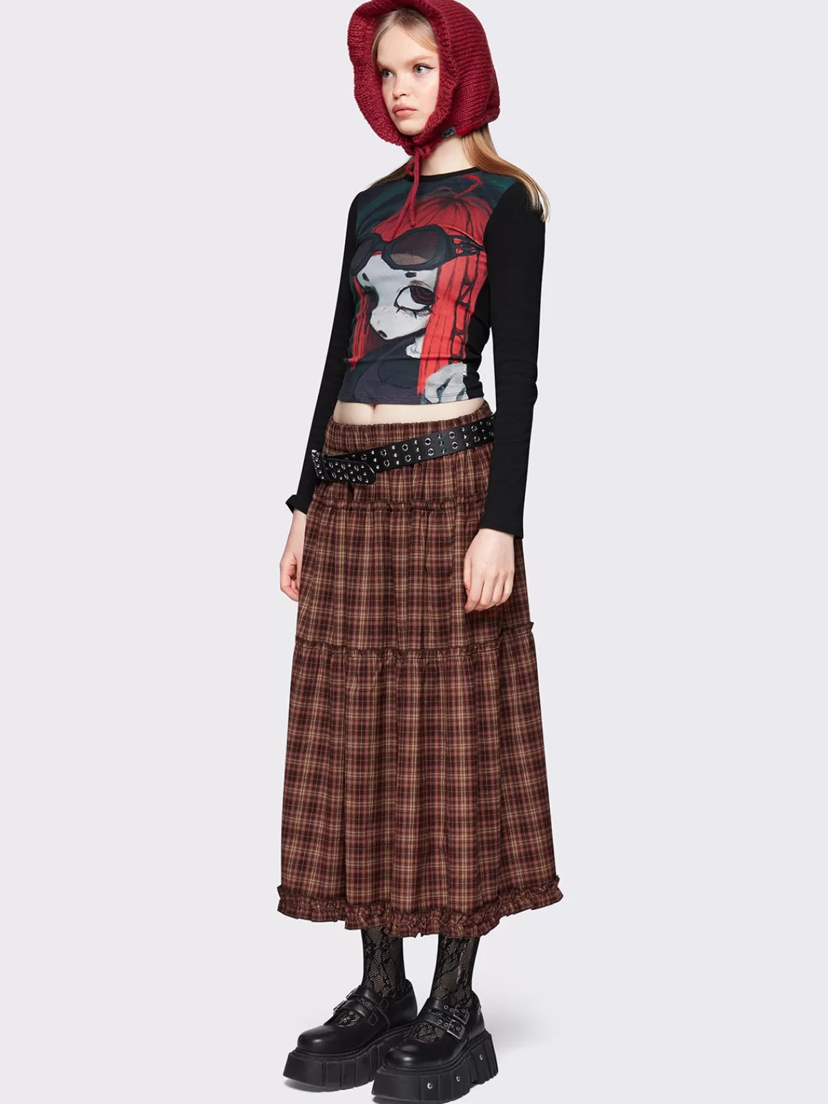 New Minga London Millie Check Maxi Skirt Brown