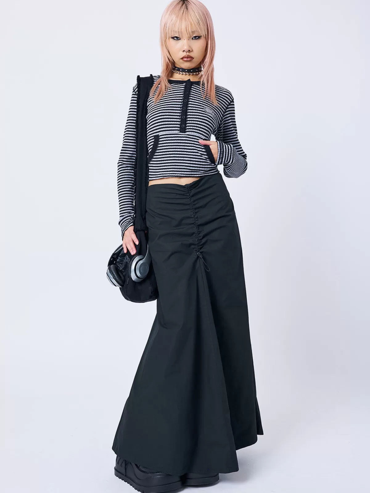 Clearance Minga London Morticia Ruched Maxi Skirt Black