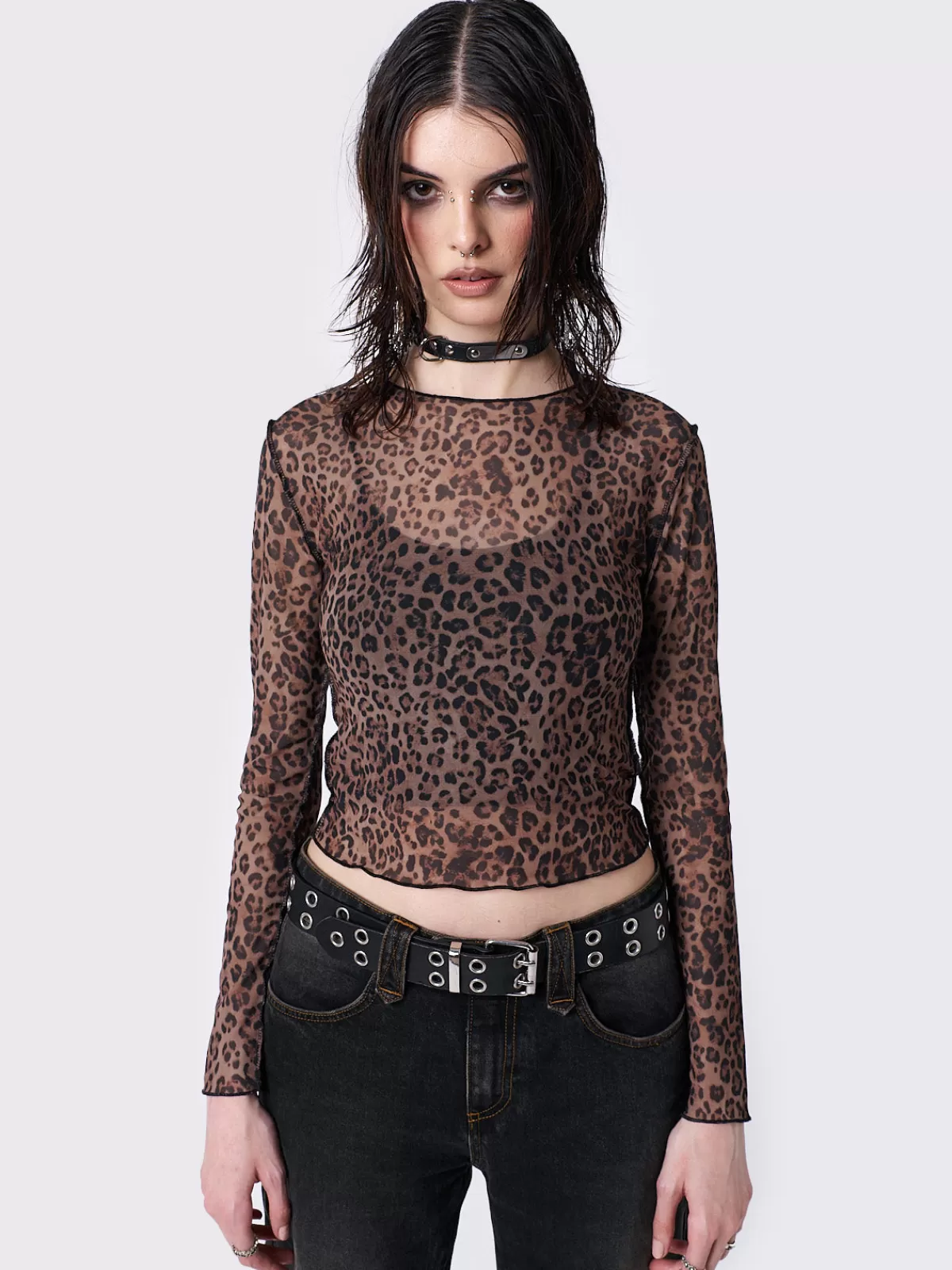 Clearance Minga London Nala Leopard Print Mesh Top Brown