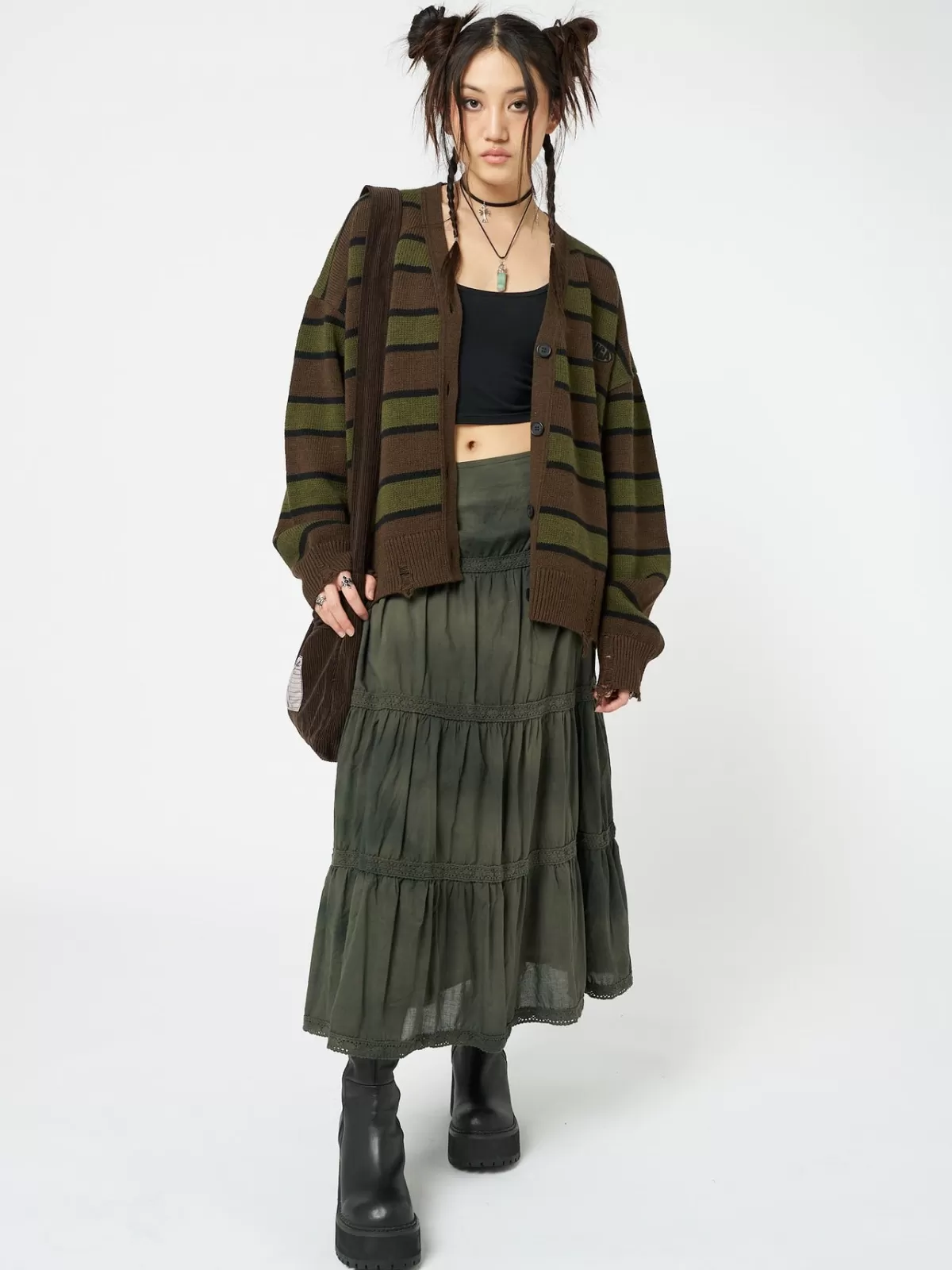 Outlet Minga London Neesa Brown & Green Stripe Knit Cardigan Multi