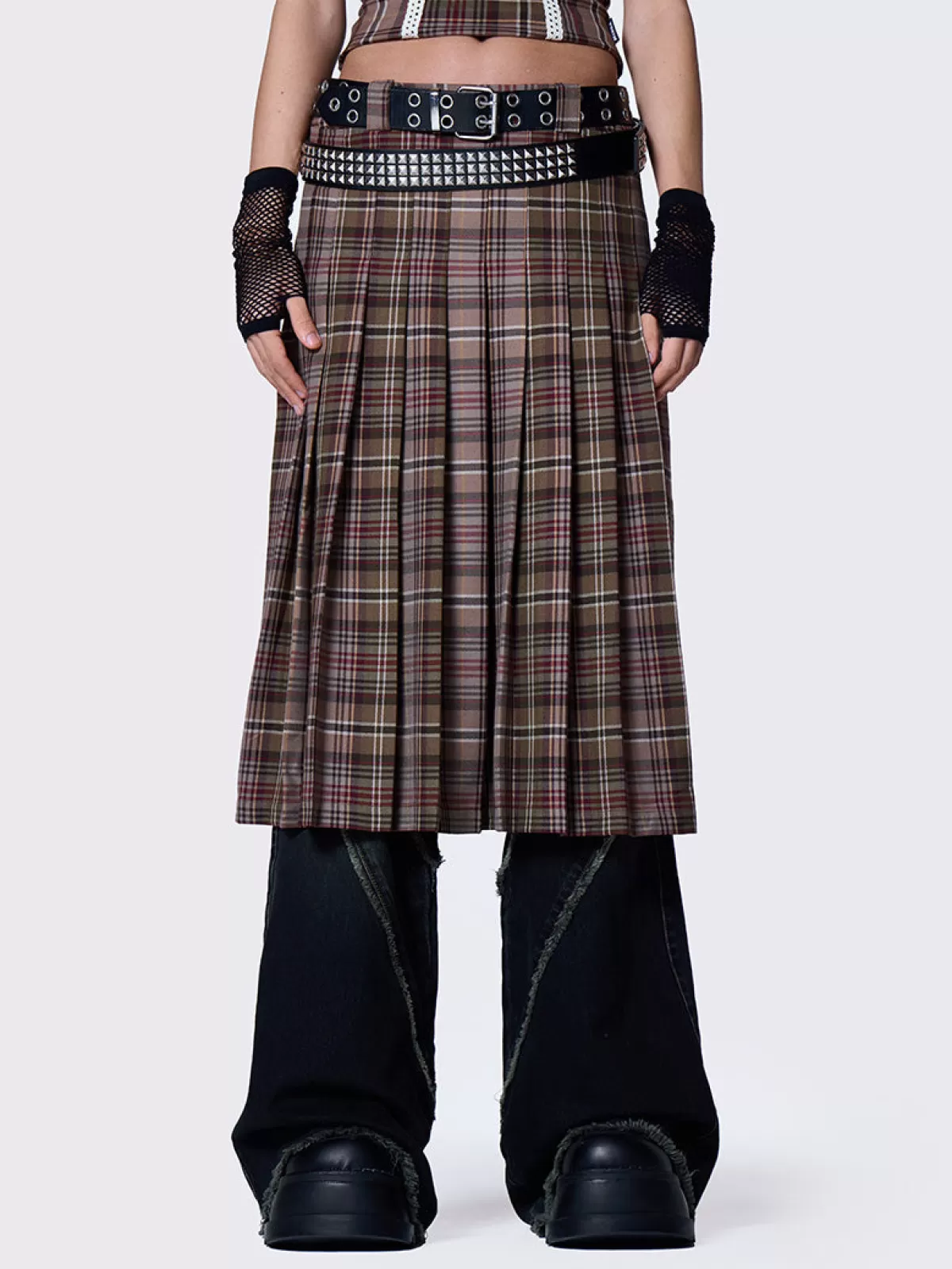Clearance Minga London Nenna Pleated Tartan Midi Skirt Brown