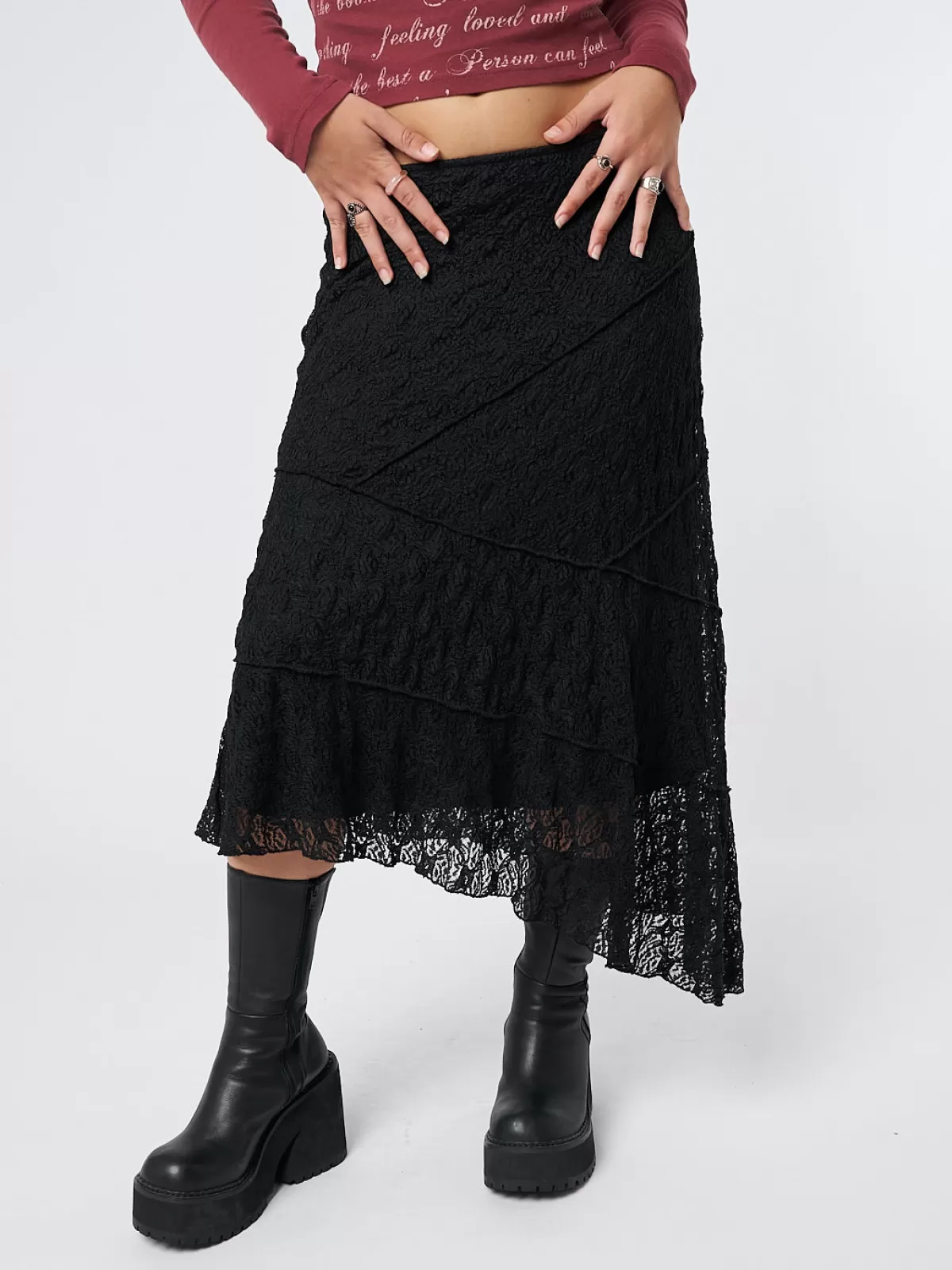 Discount Minga London Nolia Lace Asymmetric Midi Skirt Black