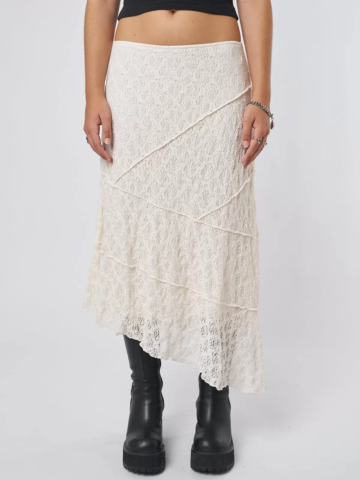 Discount Minga London Nolia Lace Asymmetric Midi Skirt Cream