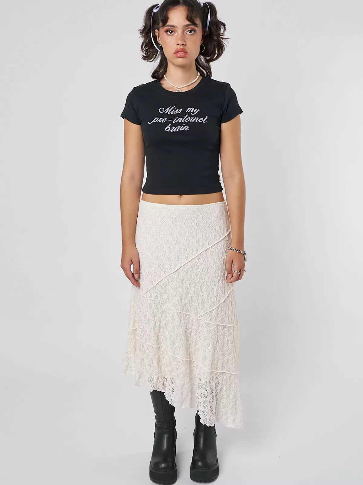 Discount Minga London Nolia Lace Asymmetric Midi Skirt Cream