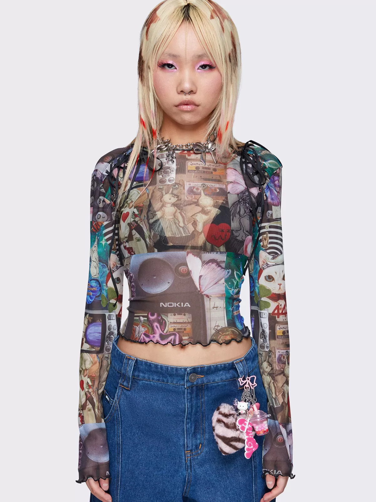 Shop Minga London Pop Art Collage Lace Up Mesh Top Multi