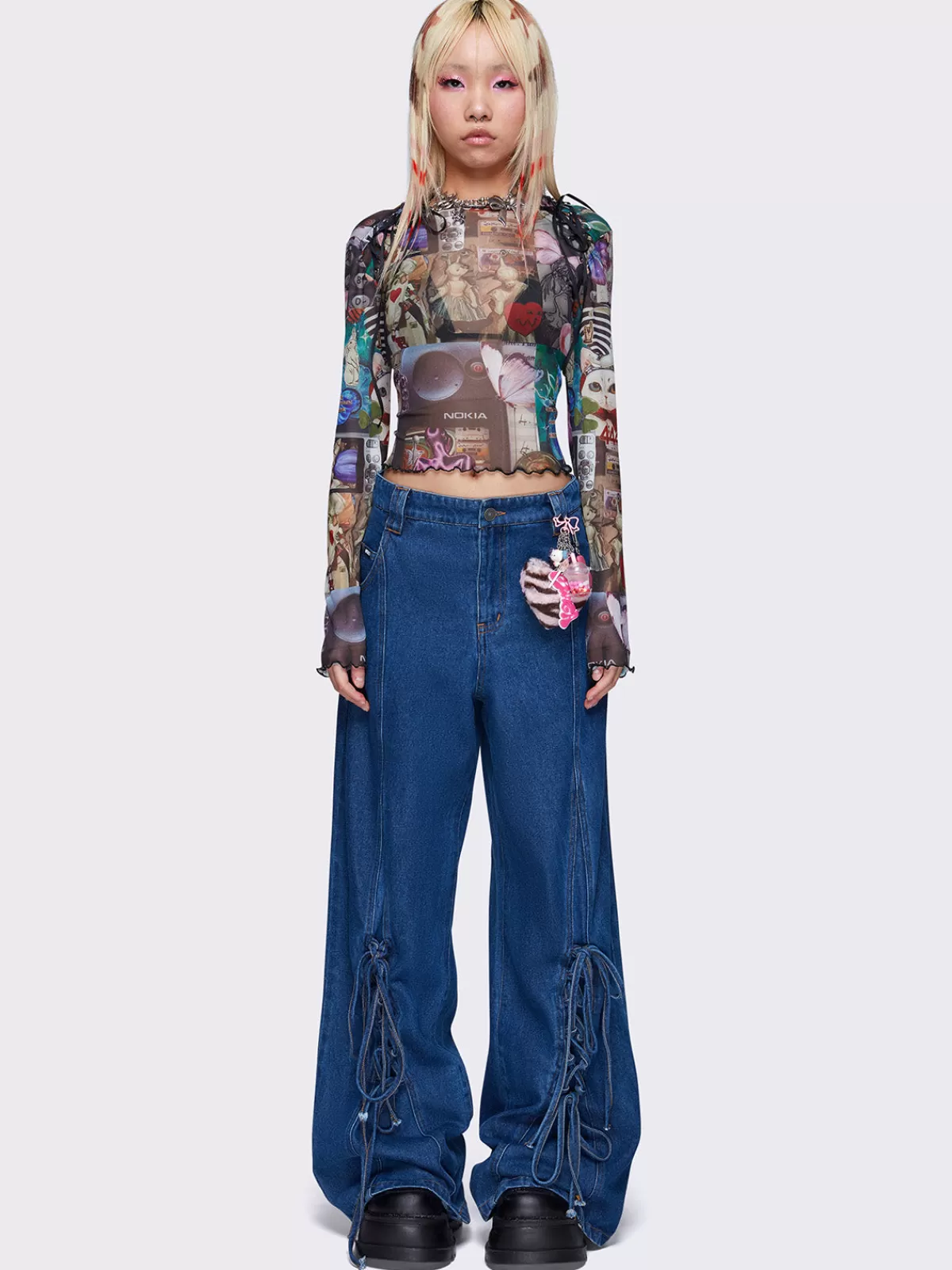 Shop Minga London Pop Art Collage Lace Up Mesh Top Multi
