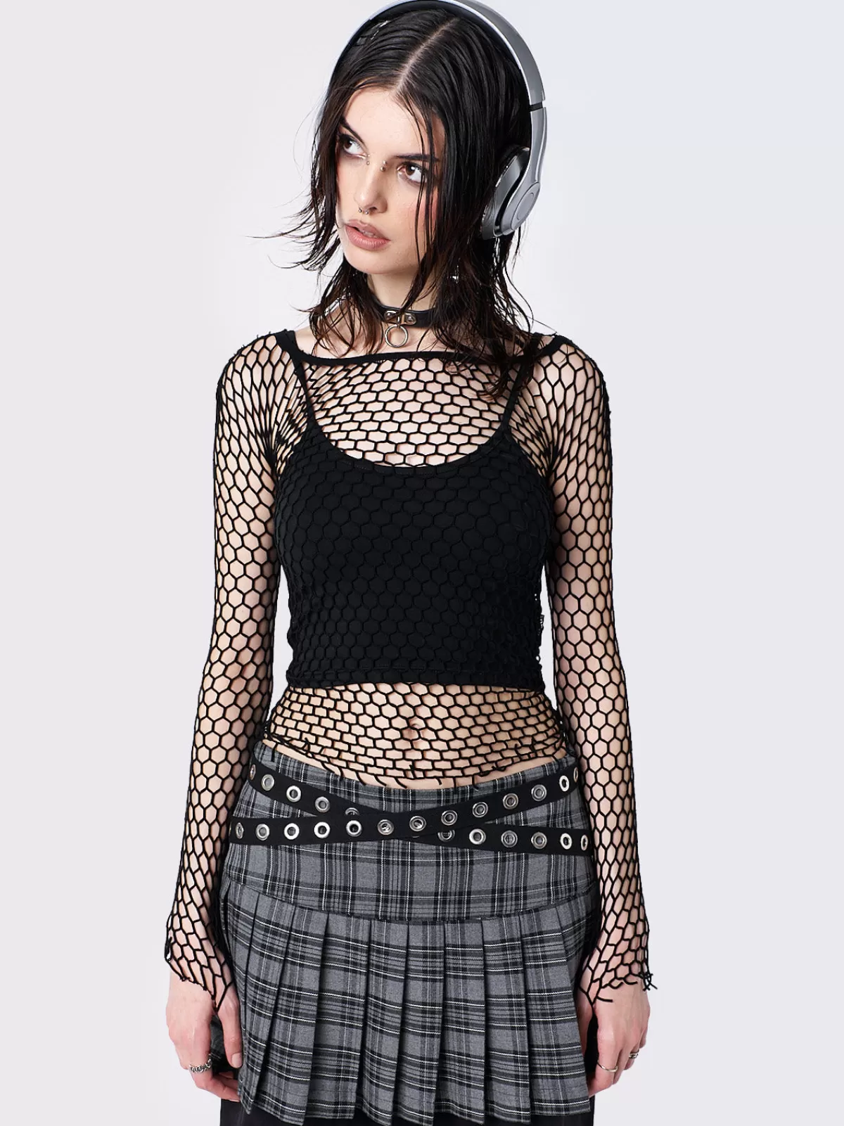Clearance Minga London Rave Fishnet Long Sleeve Top Black
