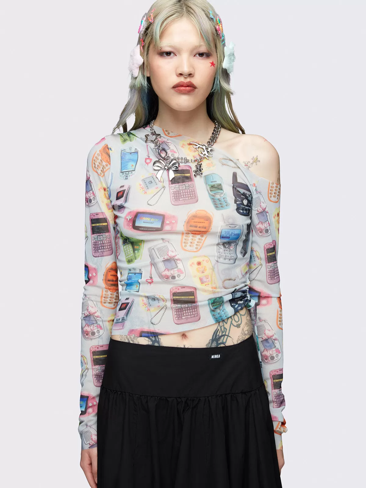 Fashion Minga London Retro Techie One Shoulder Mesh Top Multi