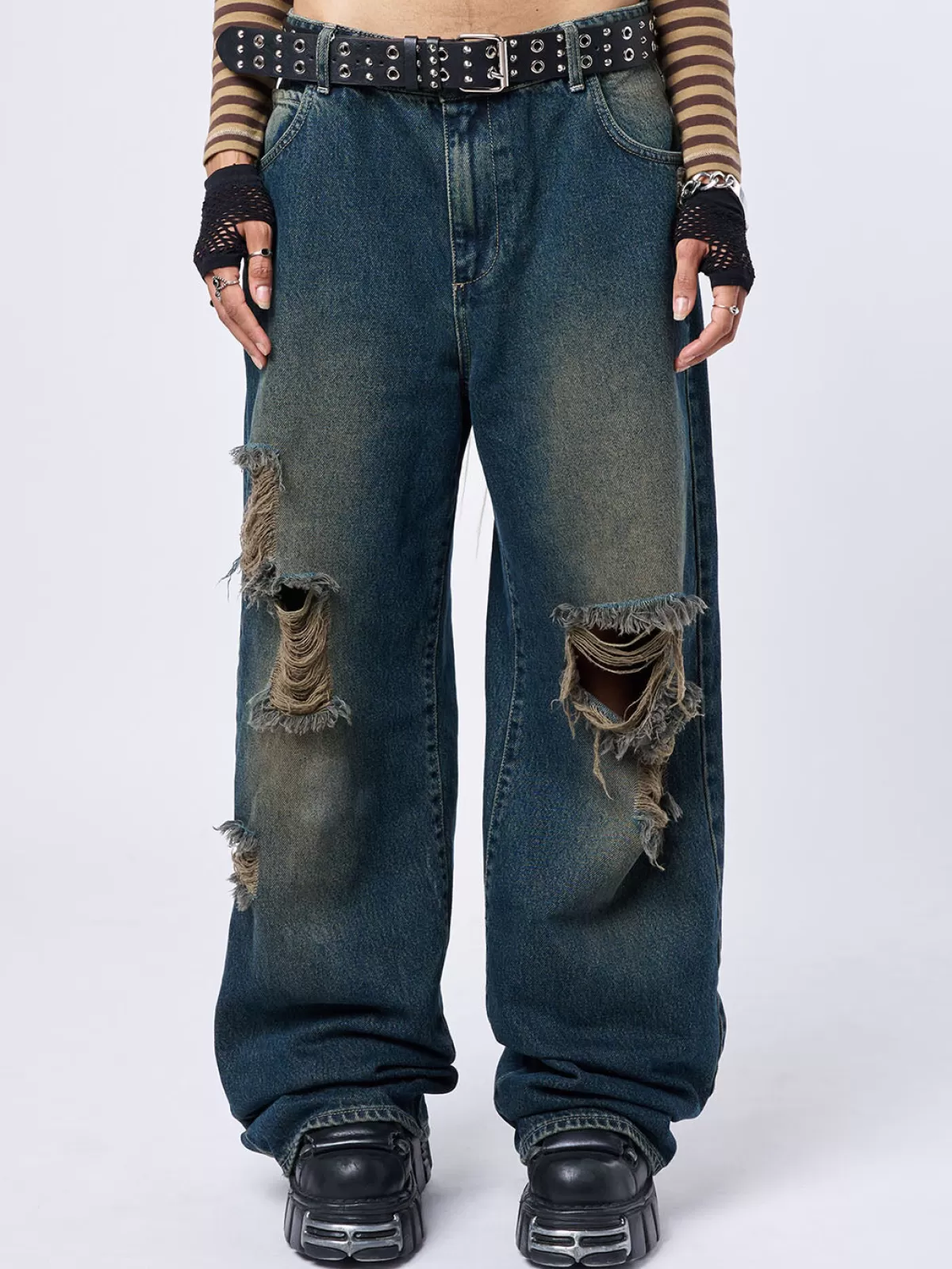 Hot Minga London RIP' Washed Loose Baggy Jeans Blue