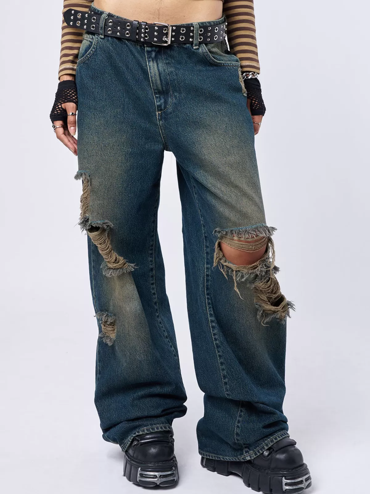 Hot Minga London RIP' Washed Loose Baggy Jeans Blue