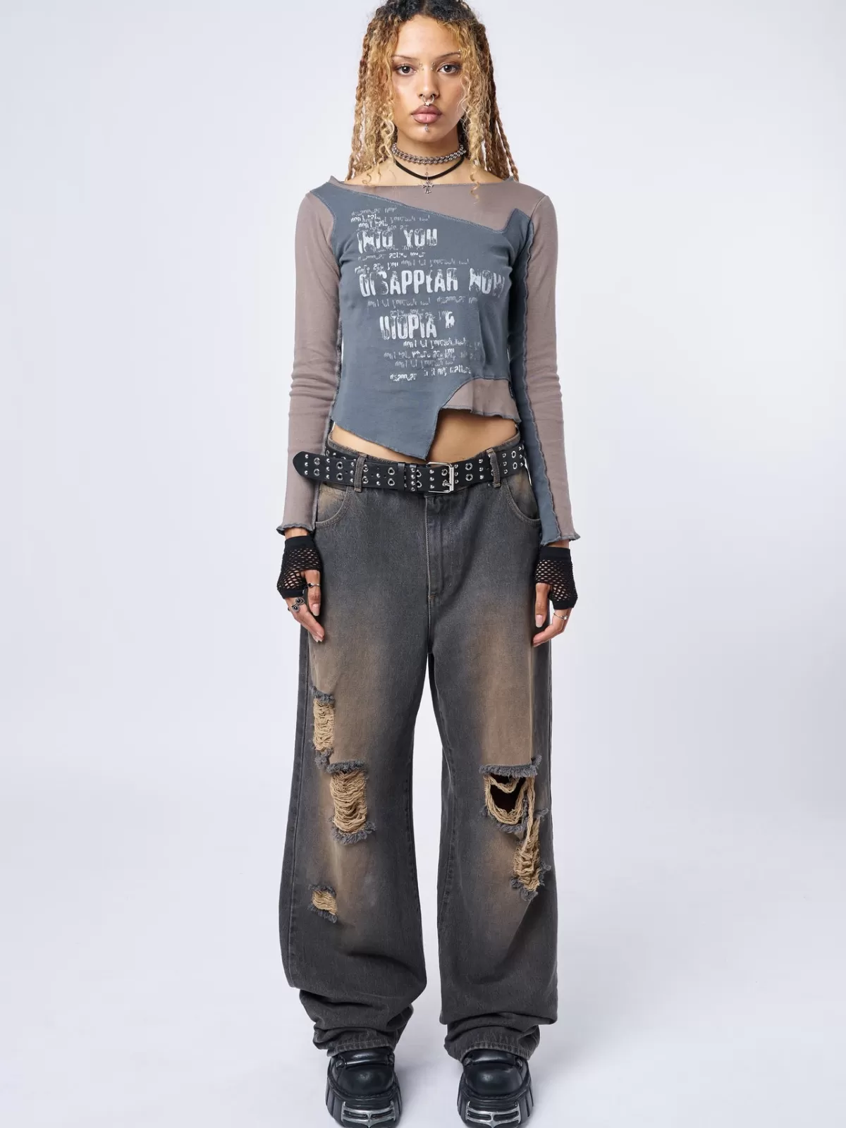 Sale Minga London RIP' Washed Loose Baggy Jeans Grey