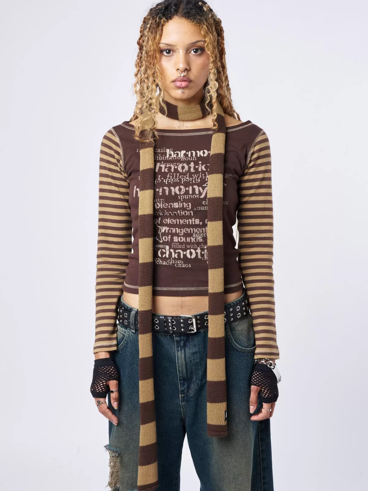 Discount Minga London Rori Stripes Brown Scarf Honey