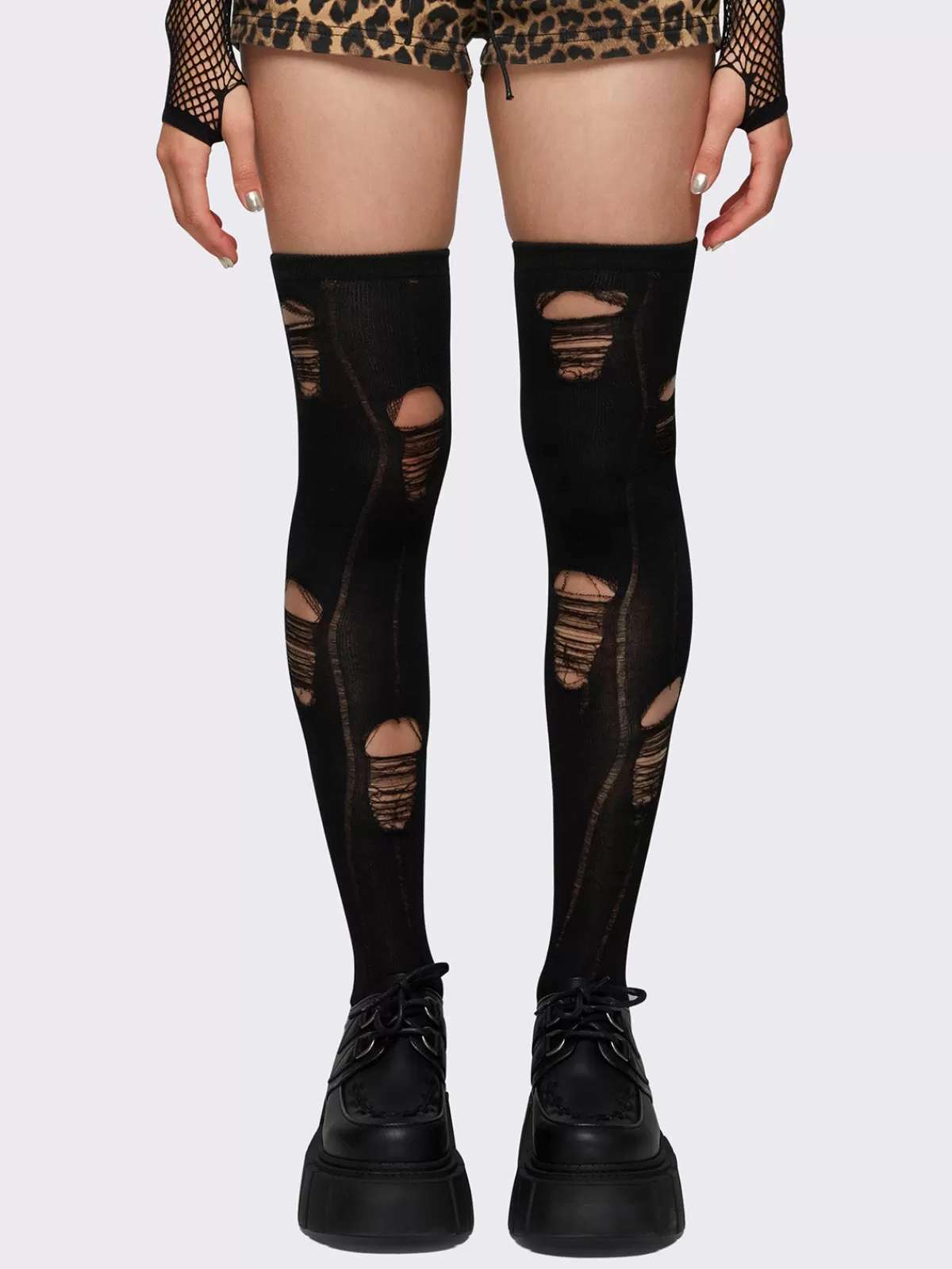 Store Minga London Shadow Ripped Thigh Highs Black