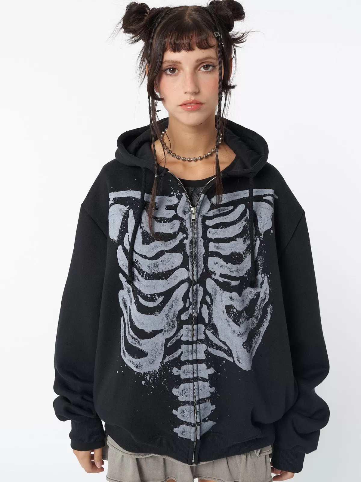 Discount Minga London Skeleton Oversized Zip Up Hoodie Black