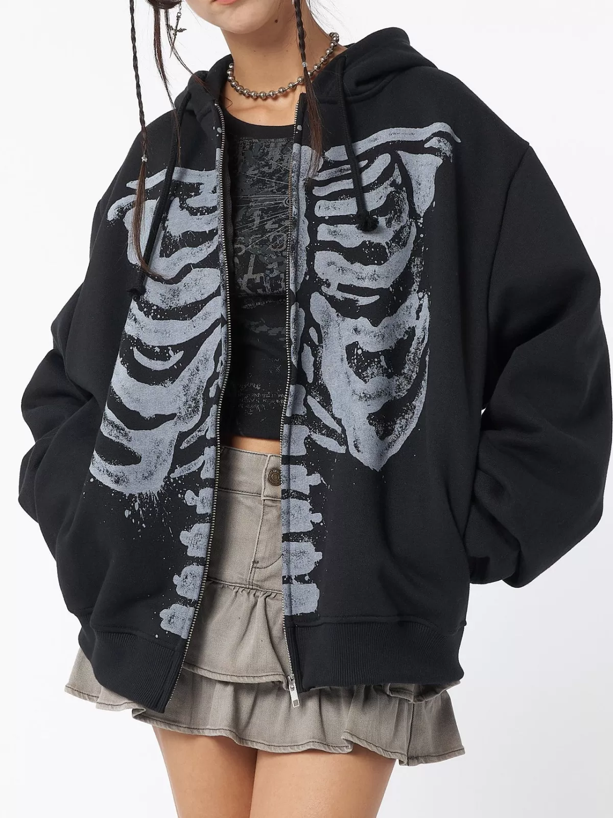 Discount Minga London Skeleton Oversized Zip Up Hoodie Black