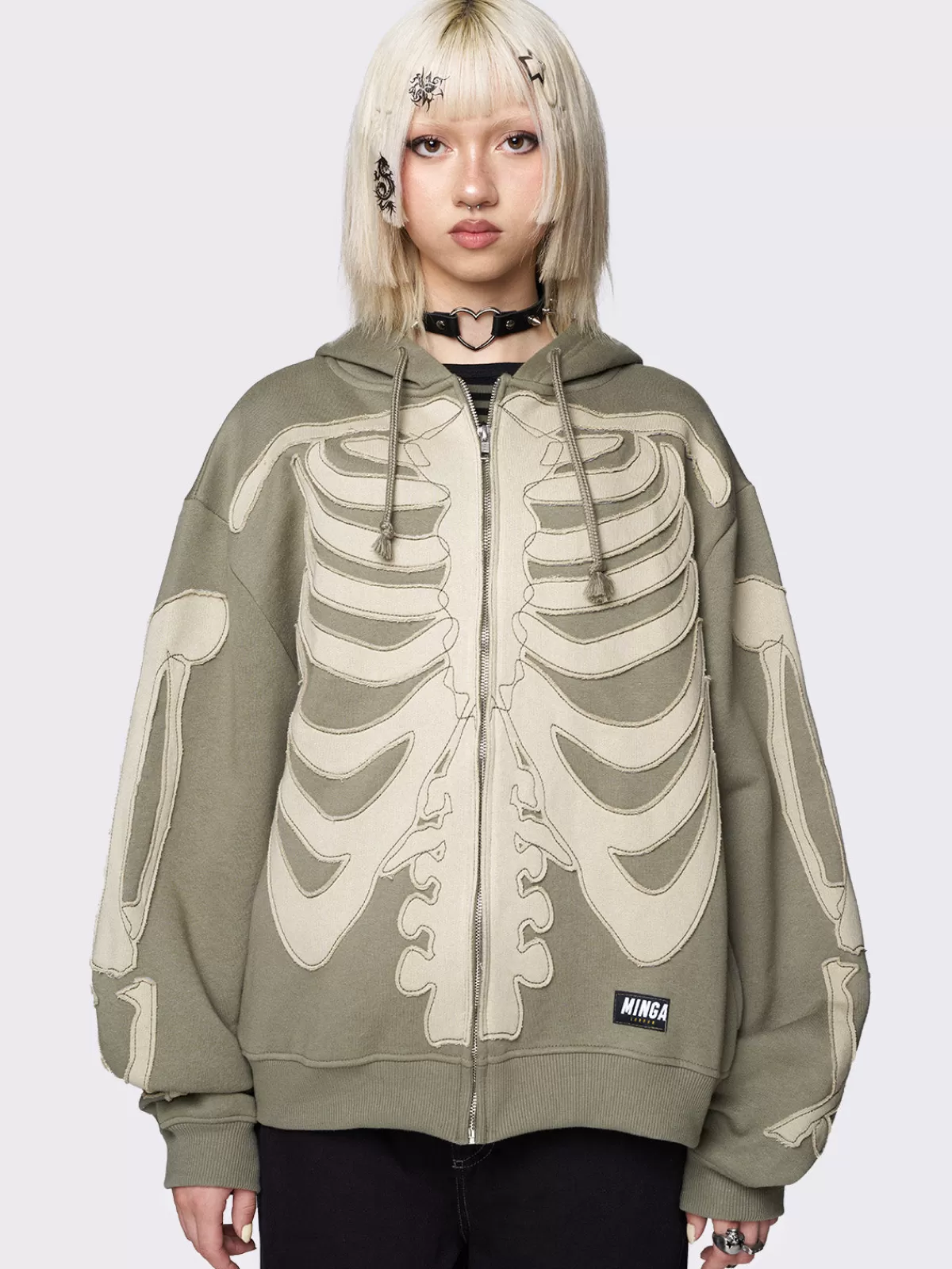 Cheap Minga London Skeleton Patch Oversized Zip Up Hoodie Green