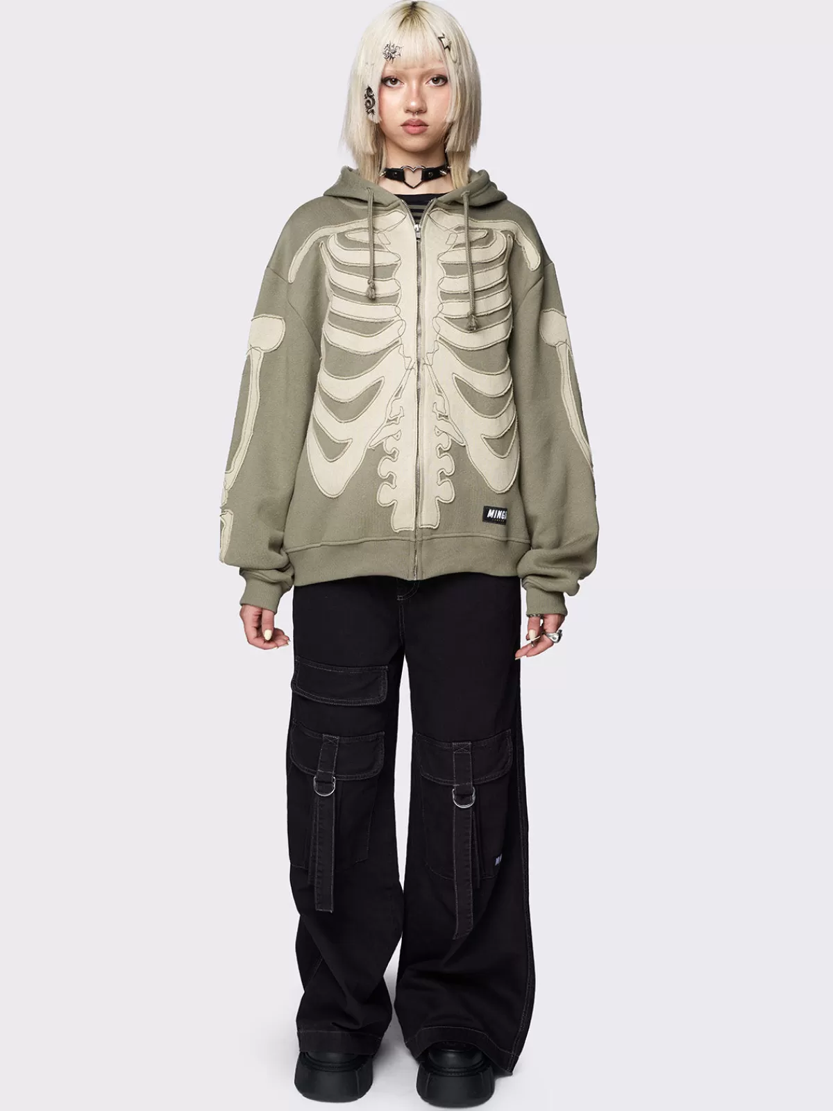 Cheap Minga London Skeleton Patch Oversized Zip Up Hoodie Green