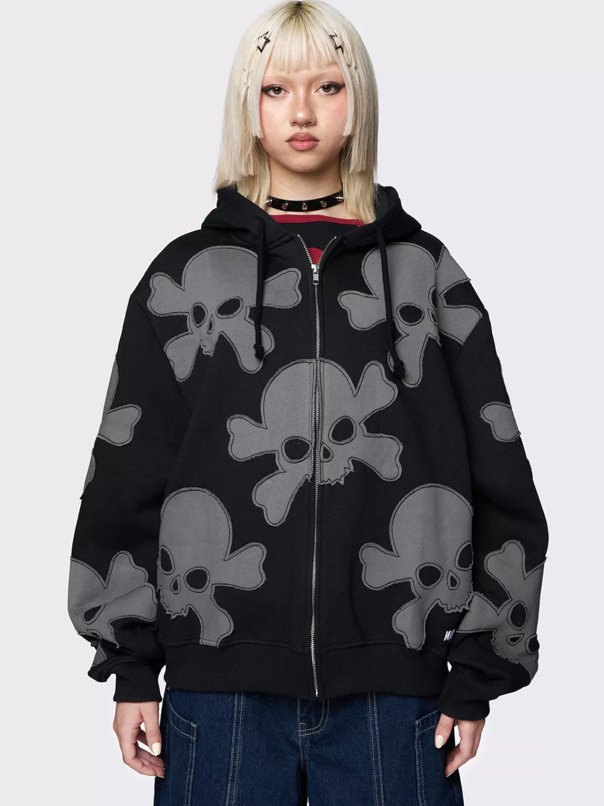 Store Minga London Skull Craft Patch Oversized Zip Up Hoodie Black