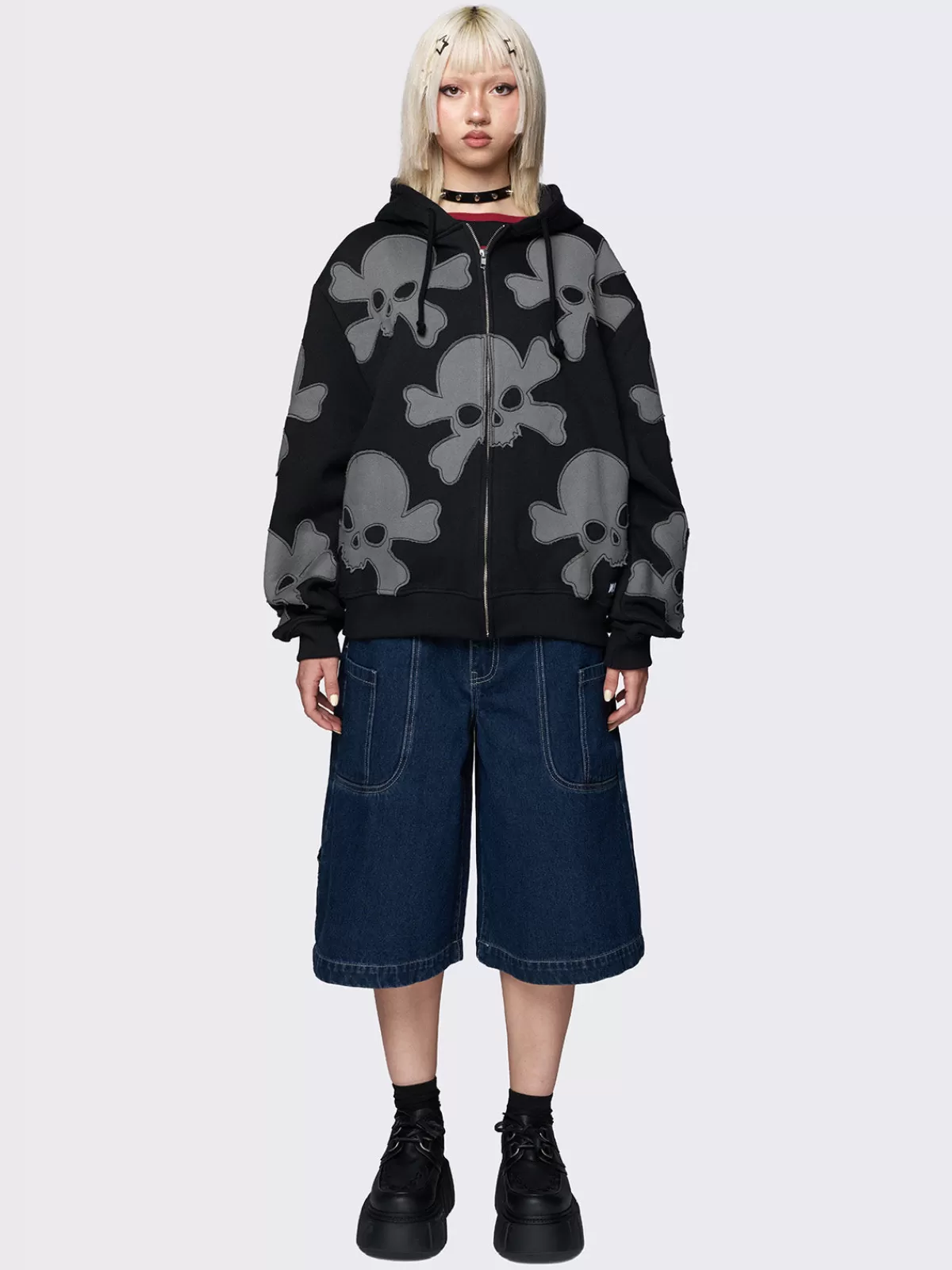 Store Minga London Skull Craft Patch Oversized Zip Up Hoodie Black