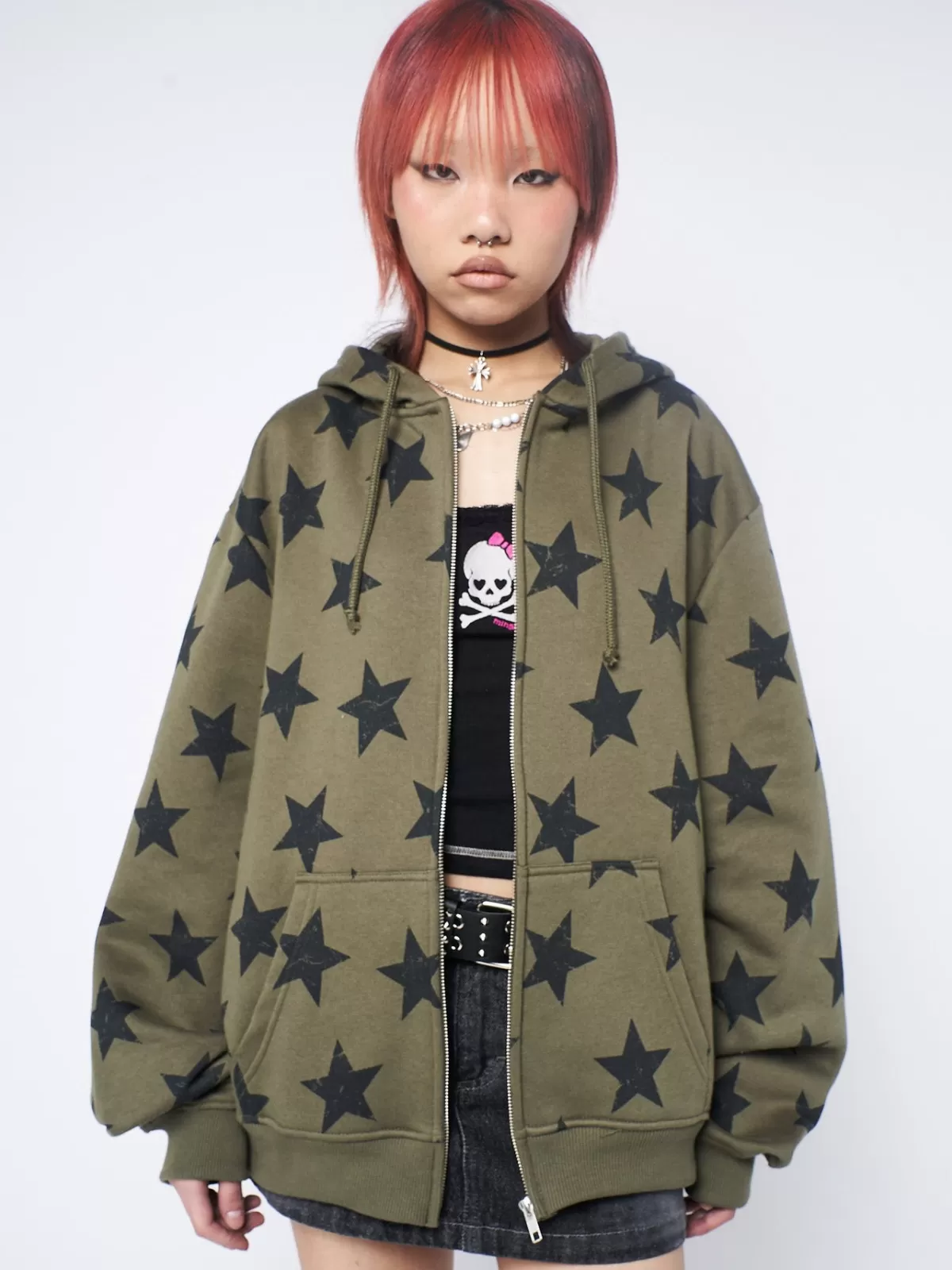 Discount Minga London Star Print Oversized Zip Up Hoodie Green