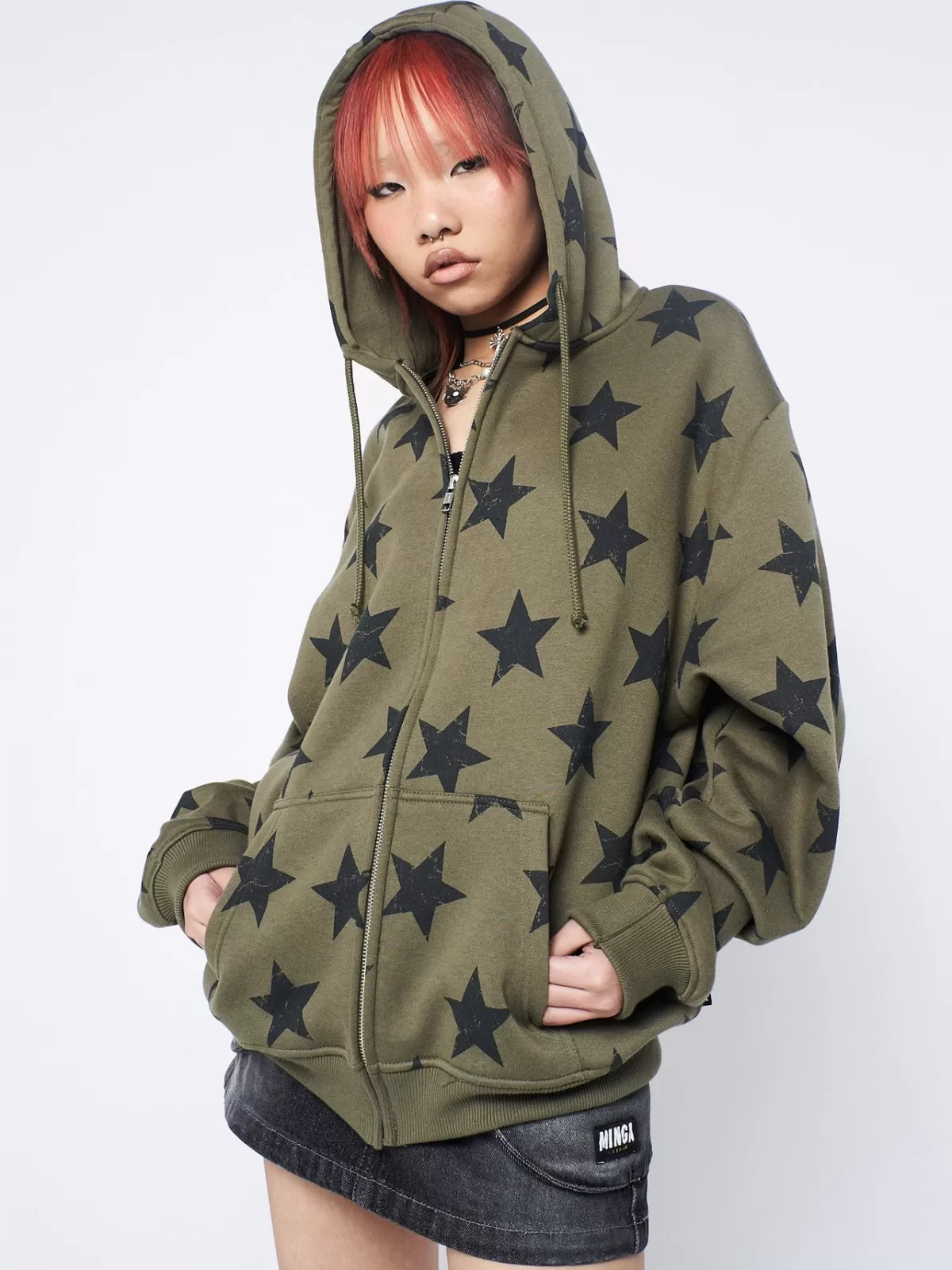 Discount Minga London Star Print Oversized Zip Up Hoodie Green