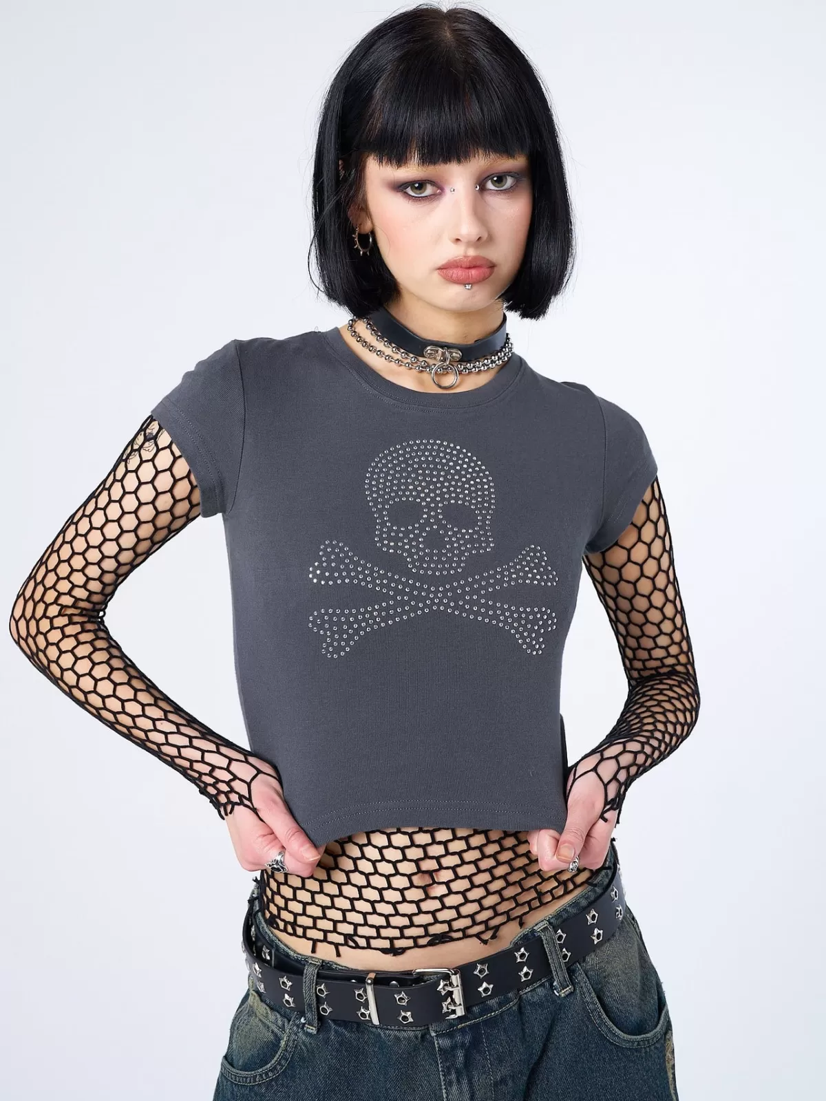 Outlet Minga London Sweet Toxicity Rhinestone Baby Tee Grey