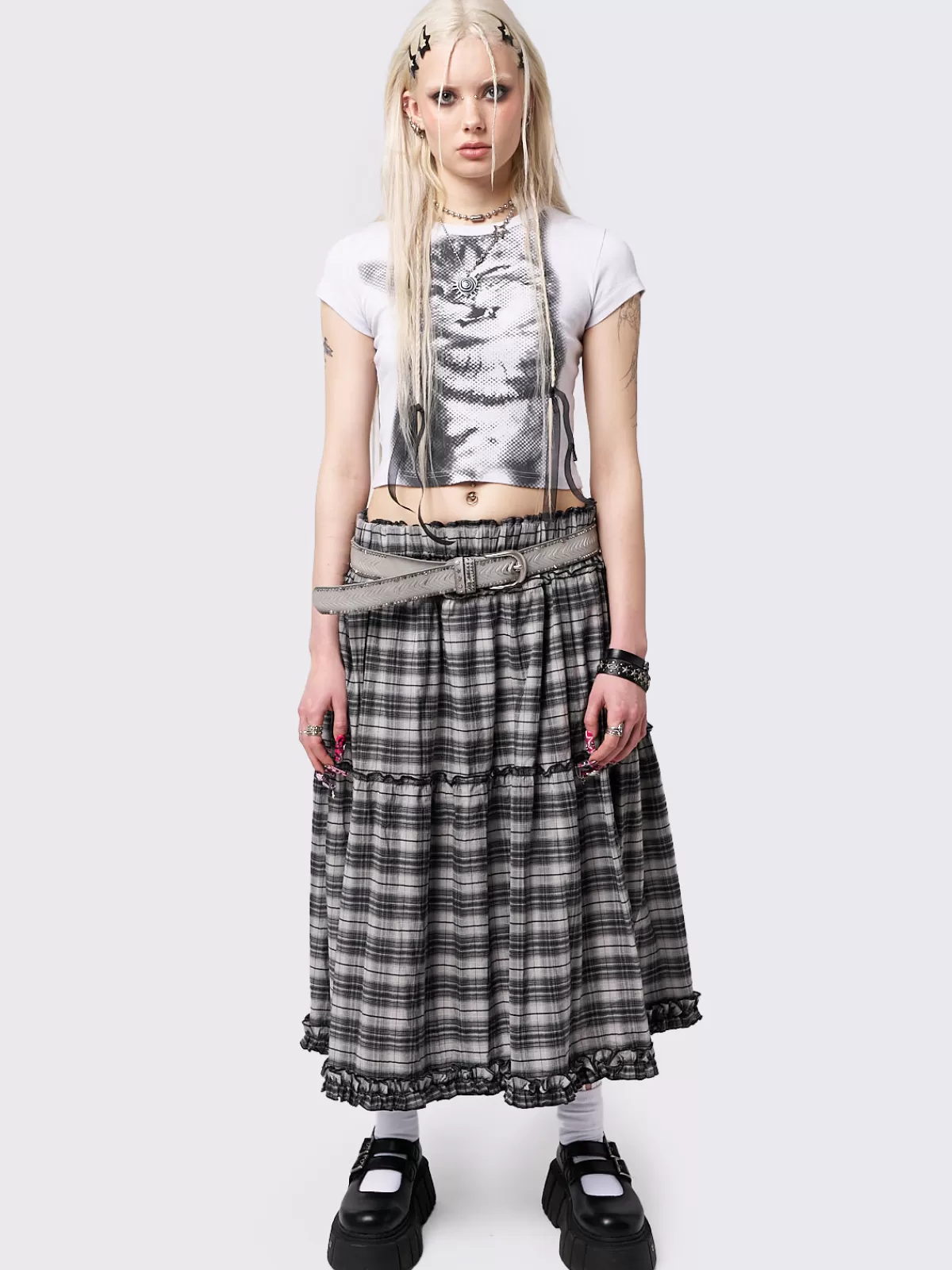 Outlet Minga London Tiana Checkered Ruffled Maxi Skirt Black