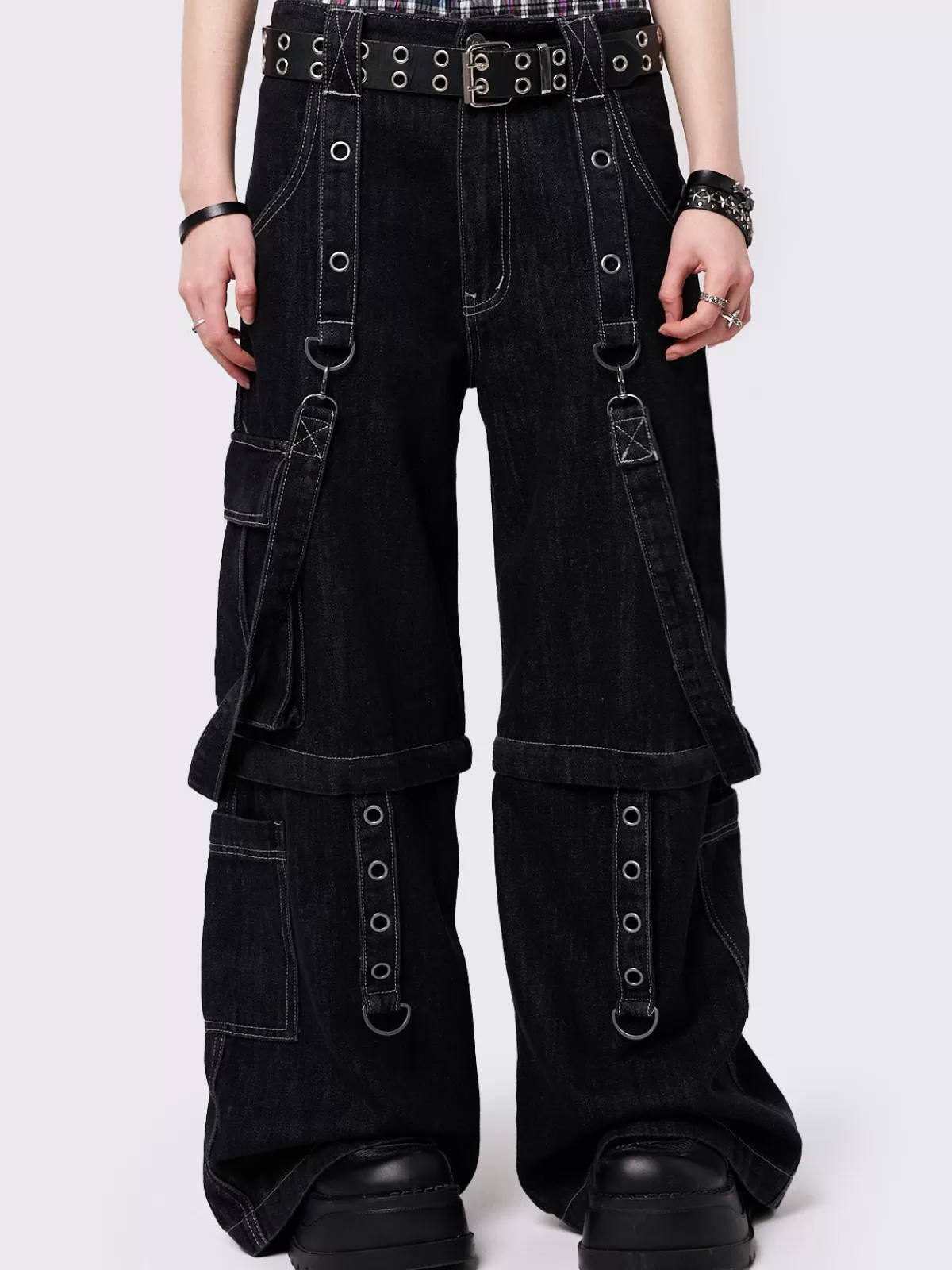 Hot Minga London Trek Wide Leg Cargo Jeans Black