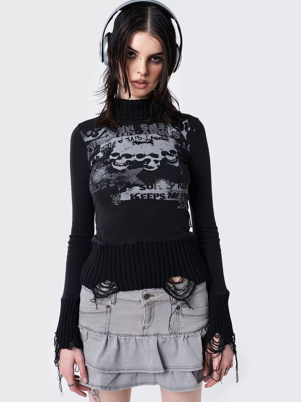 Store Minga London Unapolagetic Distressed High Neck Top Black