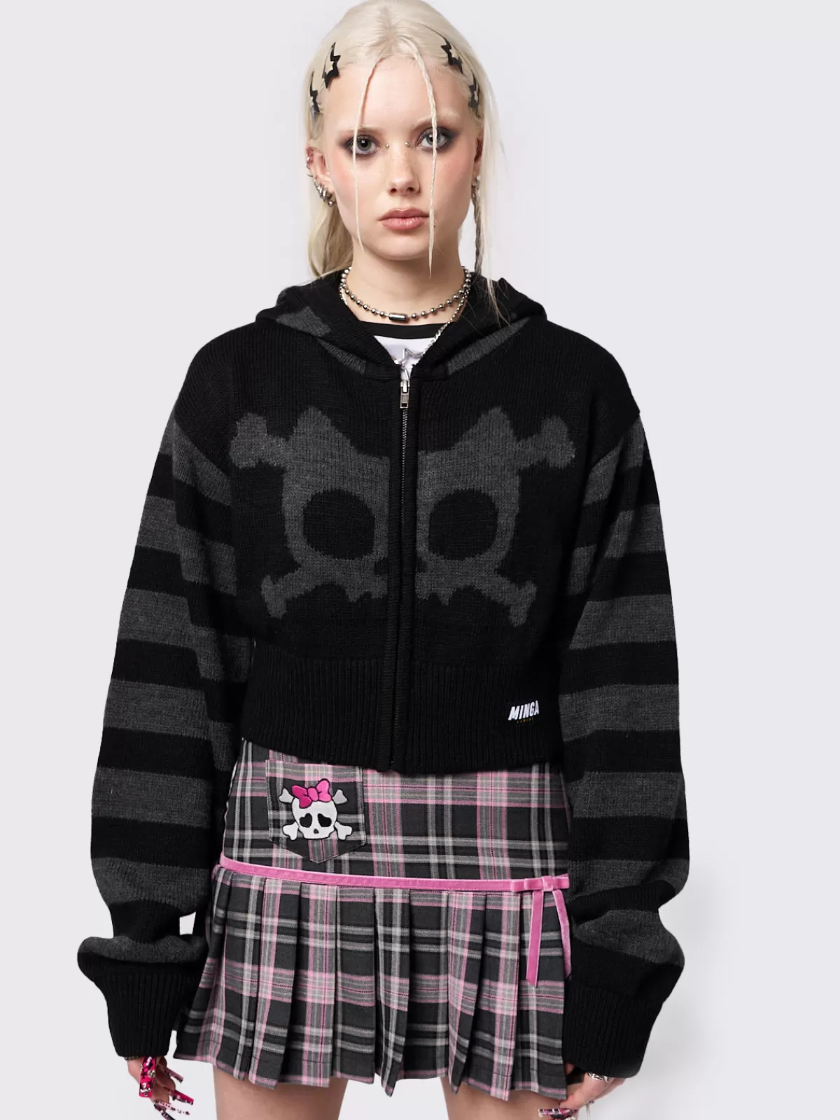 Store Minga London Whiskered Skull Cropped Knit Zip Up Hoodie Black