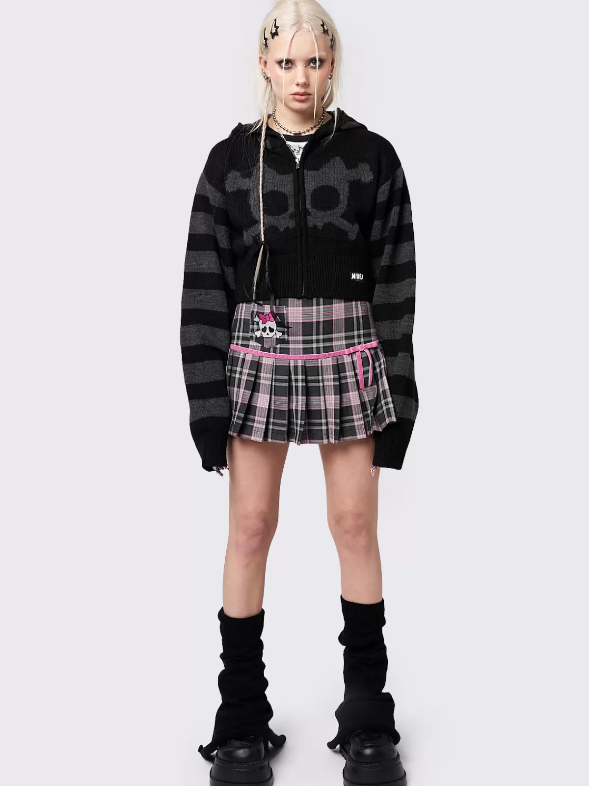 Store Minga London Whiskered Skull Cropped Knit Zip Up Hoodie Black