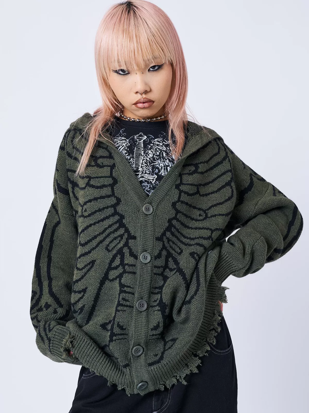 Shop Minga London X-ray Jacquard Hooded Knit Cardigan Green