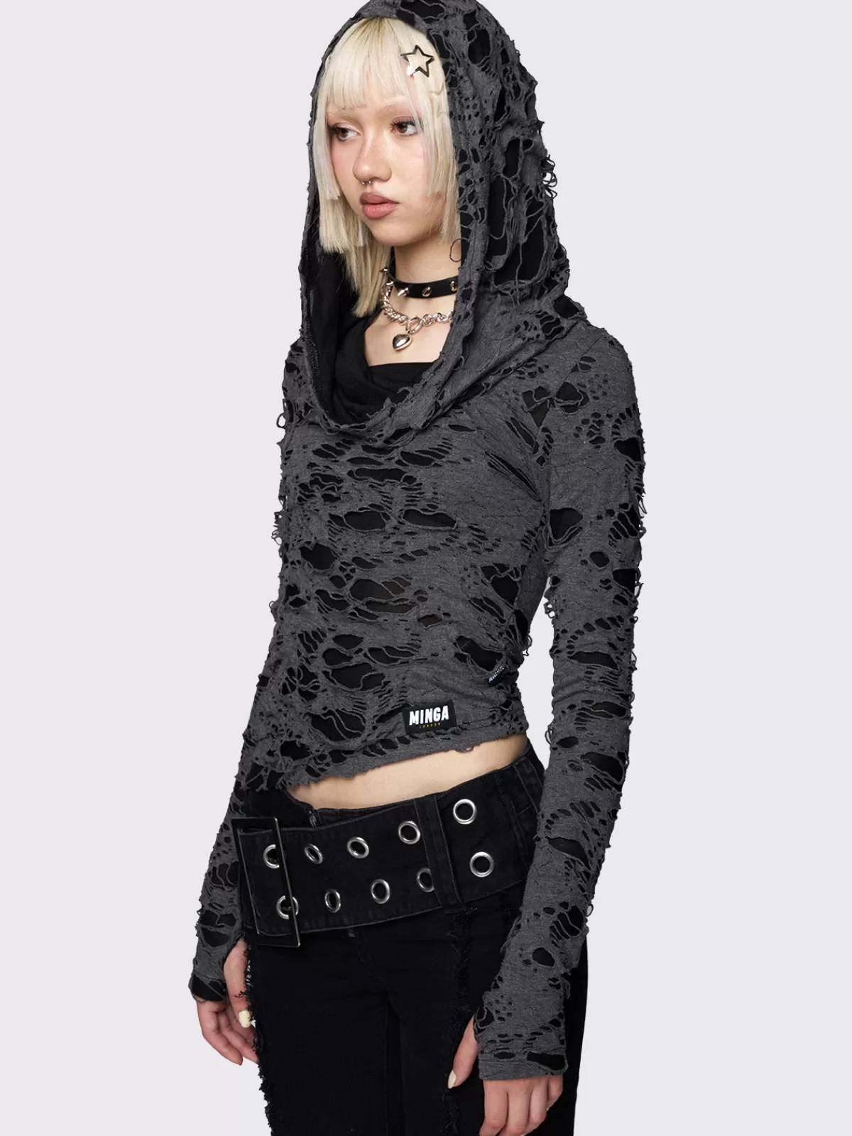 Clearance Minga London Zephyr Distressed Hooded Top Grey