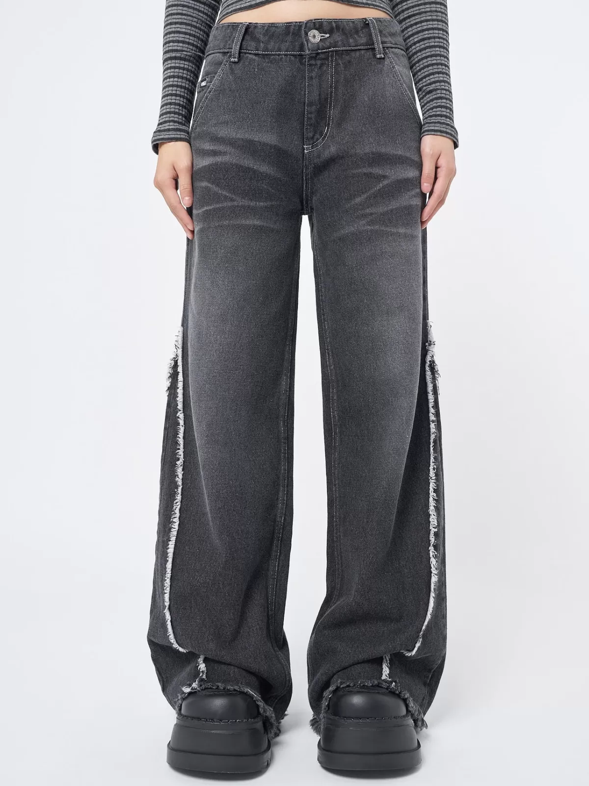 Fashion Minga London Zoe Washed Distressed Wide Leg Jeans Black